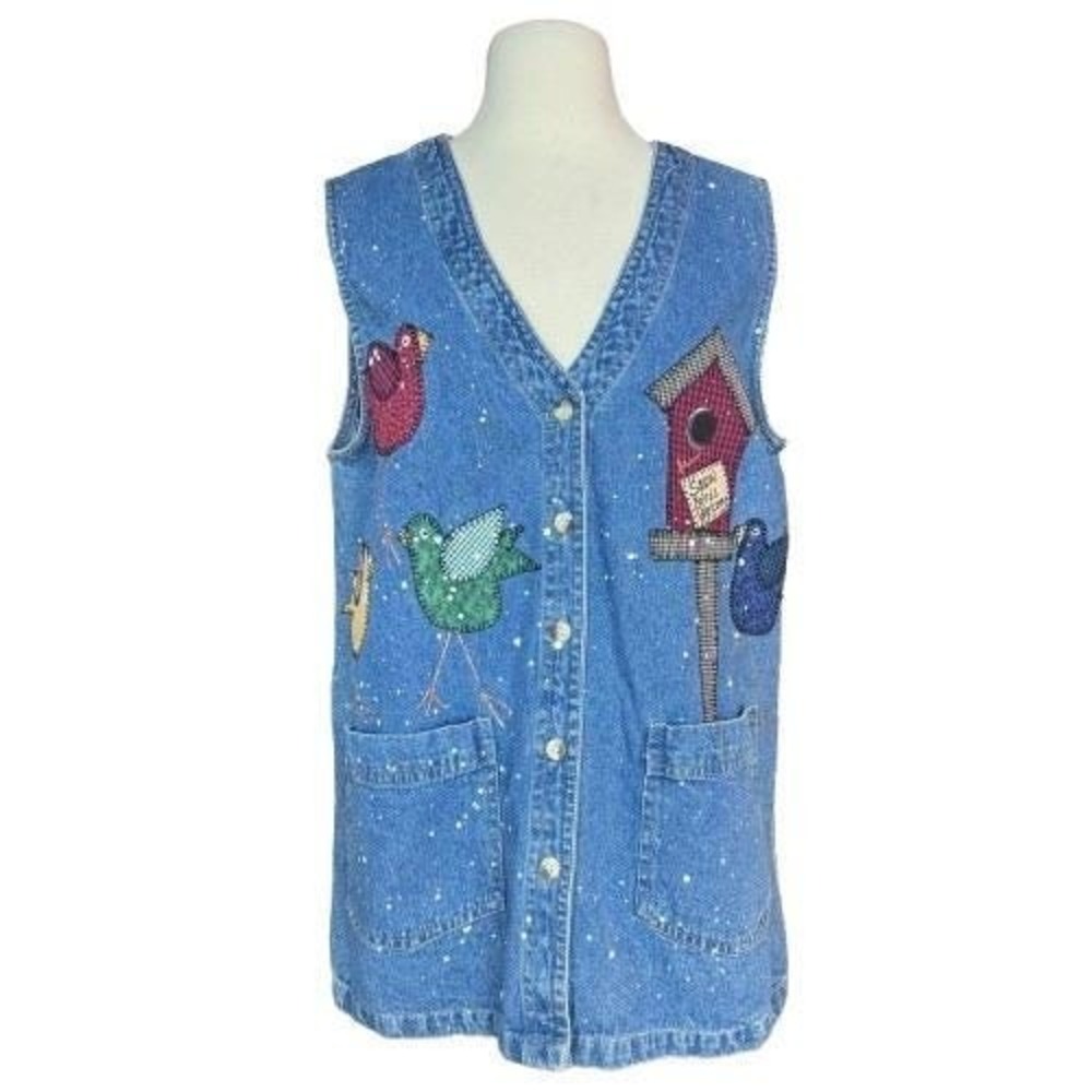 Vintage 80s Large Bird Applique Denim Vest Grandma Core Teacher Core Eclectic